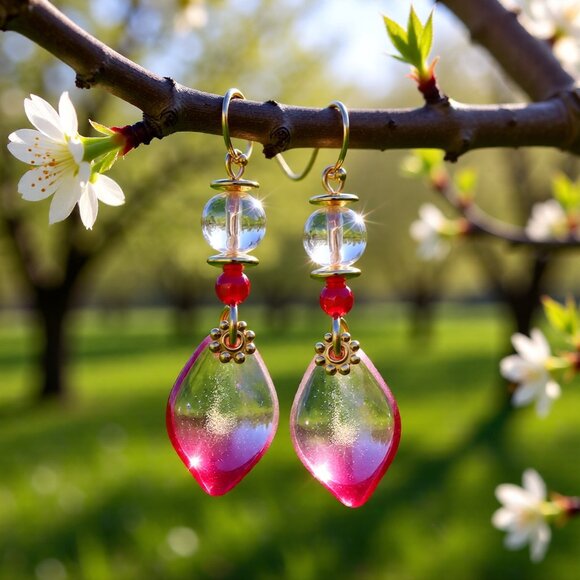 Romantic Feminine Essence Pink Petal Dangle Earrings! Celebrate Spring & Easter - Picture 2 of 10